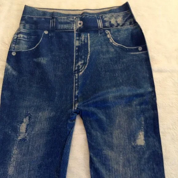 Style Blue leggings w fuax print on legs M NWOT - Picture 2 of 5